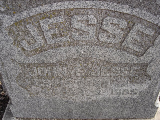 Gravestone for John T. Jesse, Barber County, Kansas.

JESSE
John T. Jesse
Feb. 15, 1839
Jan. 8, 1905

Photo by Nathan Lee, December 2006.