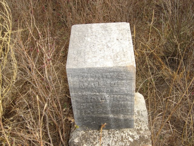 Gravestone for Nancy A. and Gladys Chadwick in the Paddock Cemetery, Barber County, Kansas.

(Top Face)
NANCY A.
WIFE OF
J.A.
CHADWICK
1862-1900

(Front Face)
GLADYS
DAU. OF
J.A. & M.A.
CHADWICK
JUNE 4. 1898
MAY 26. 1899


Photo by Nathan Lee.