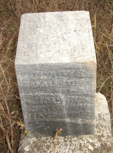 Gravestone for Nancy A. and Gladys Chadwick, 
Paddock Cemetery, Barber County, Kansas.

(Top Face)
NANCY A.
WIFE OF
J.A.
CHADWICK
1862-1900

(Front Face)
GLADYS
DAU. OF
J.A. & M.A.
CHADWICK
JUNE 4. 1898
MAY 26. 1899

Photo by Nathan Lee.