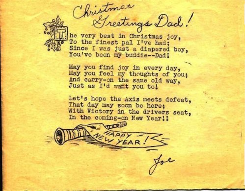 Christmas card from Captain Joe Massey, US Army, in China in 1943, to his father, Ray Massey, in Barber County, Kansas.

Scan courtesy of Lee (Massey) Ives.