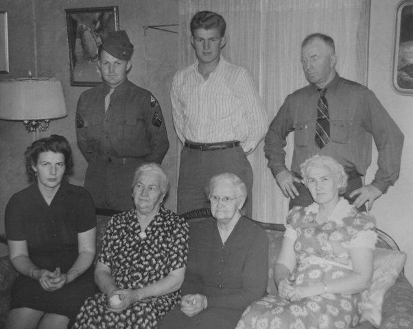 Back, L-R: Max McLain, Mark McLain, Marion McLain.

Front, L-R: Marjorie McLain, unknown, Artha (Van Horn) Massey Surber, Ruth (Massey) McLain.

Photo courtesy of Brenda McLain