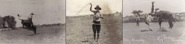 Photos from the McLain Roundup, Sun City, Barber County, Kansas.  At left and right: Clay Kennedy. Center: Darlene Harding. Photos from the Brenda McLain Collection.