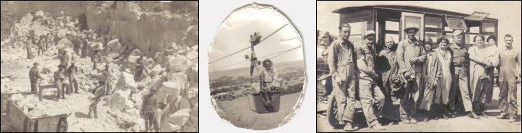 Gypsum Quarries, Mines and Mills in Barber County, Kansas.

Left to right: Gypsum quarry at Sun City, Aerial tram at Sun City gypsum quarry, Gypsum workers and family members at Sun City.

Photos courtesy of Beth Davis, Kim Fowles and Elloise Leffler.