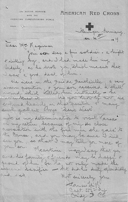 Letter from Chester Hagerman's Commanding Officer to his mother, Susie Hagerman, about Chester's death.

Letter courtesy of Jim Giles.