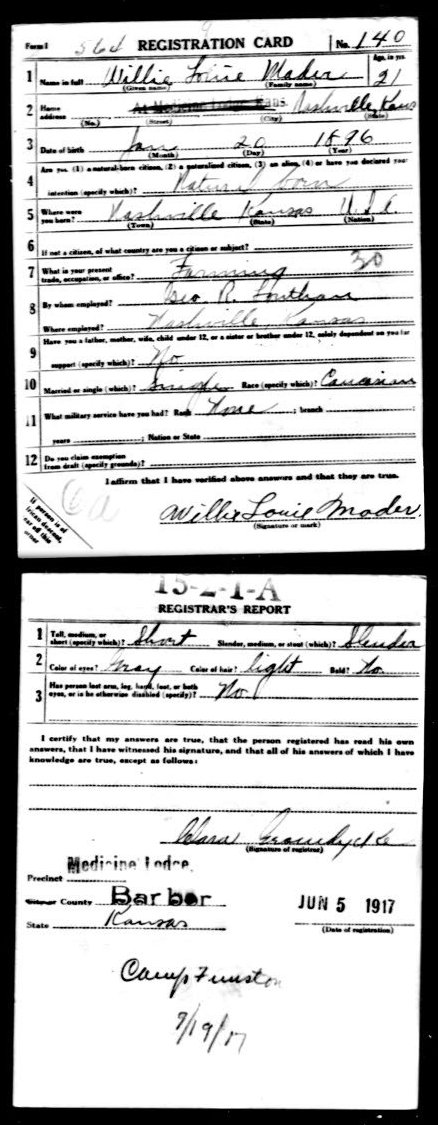 WWI Draft Registration card for Willie Louie Mader of Nashville, Kansas.