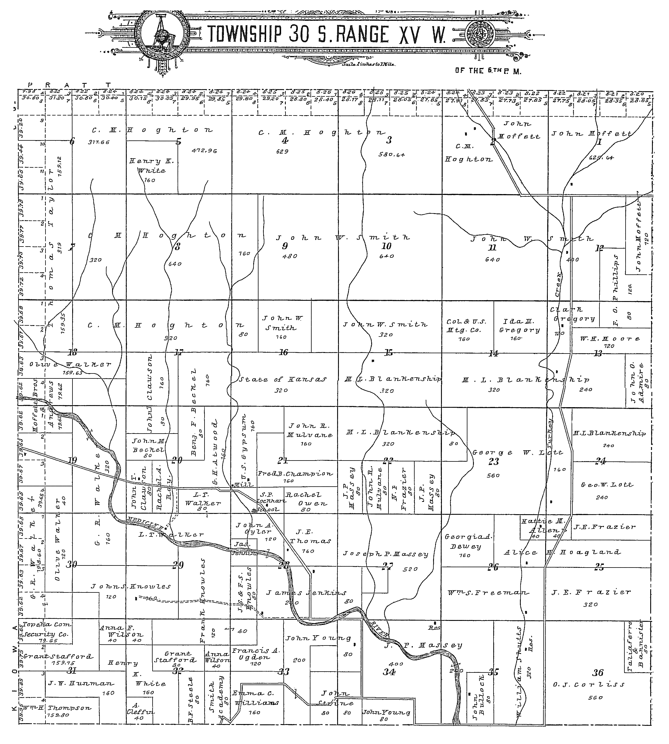 Township 30 South, Range XV W, 56h P.M., Barber County, Kansas. 

From the 'Standard Atlas of Barber County Kansas', 1905.

Map courtesy of Kimberly (Hoagland) Fowles.