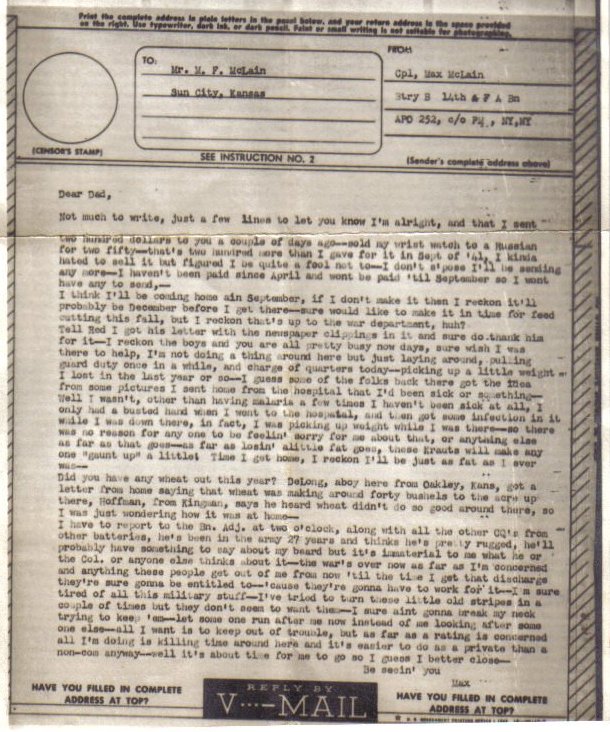 V-mail letter from Cpl. Max McLain to M.F. McLain.

Postmarked:  July 1945.

Letter courtesy of Brenda McLain, transcription by Kim Fowles.