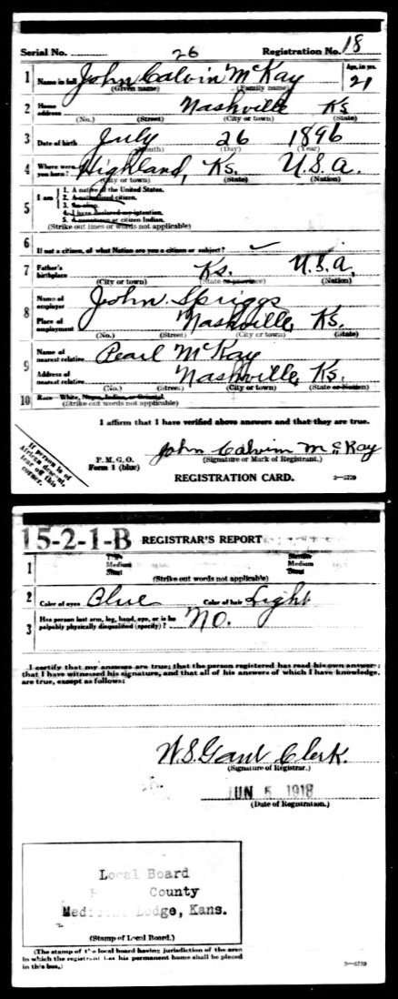 WWI Draft Registration card for John Calvin McKay of Nashville, Kansas.