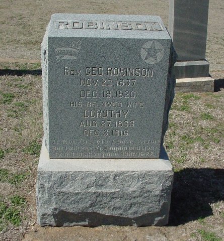 Gravestone for Reverend George Robinson and Dorothy (Green) Robinson, Sharon Cemetery, Sharon, Barber County, Kansas.

Photo by Ed Rucker, 17 March 2007.