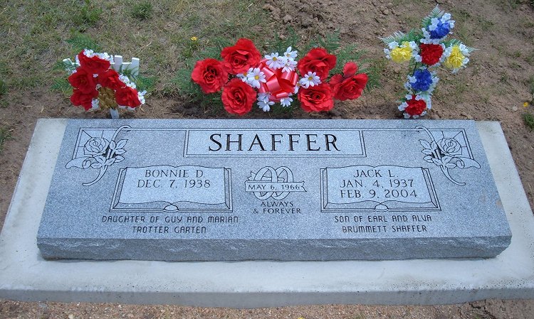 Gravestone for Jack L. and Bonnie D. (Garten) Shaffer, Graceland Cemetery, Meade, Kansas.

Photo courtesy of Bonnie (Garten) Shaffer.