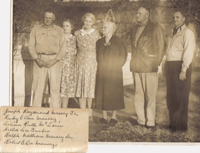 Artha Lee (Van Horn) Massey Surber with her children:

Joseph Raymond Massey Sr., Ruby Ellen Massey, Lilian Ruth McLain, Artha Lee Surber, Ralph Nathan Massey Sr., Robert E. Lee Massey.

Photo from the collection of Kim Fowles.