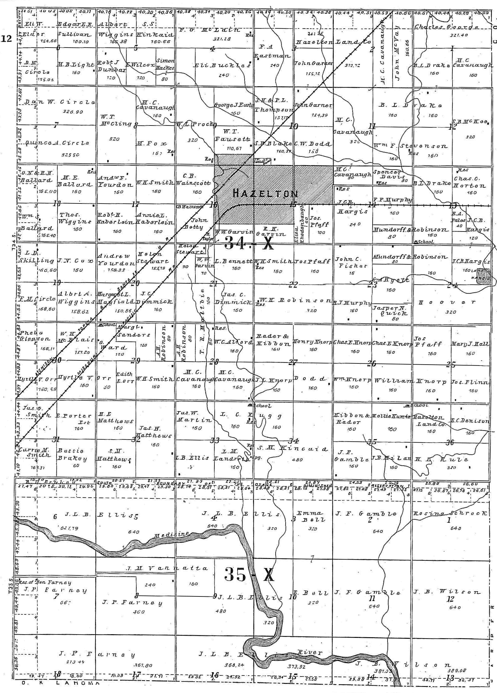 Hazelton Township 34S. Range XW of the 6th P.M., Barber County, Kansas and a portion of Kiowa Township 35S., Range XW of the 6th P.M., G.A. Ogle 1905 Map, Barber County, Kansas.

Map courtesy of Kimberly (Hoagland) Fowles.