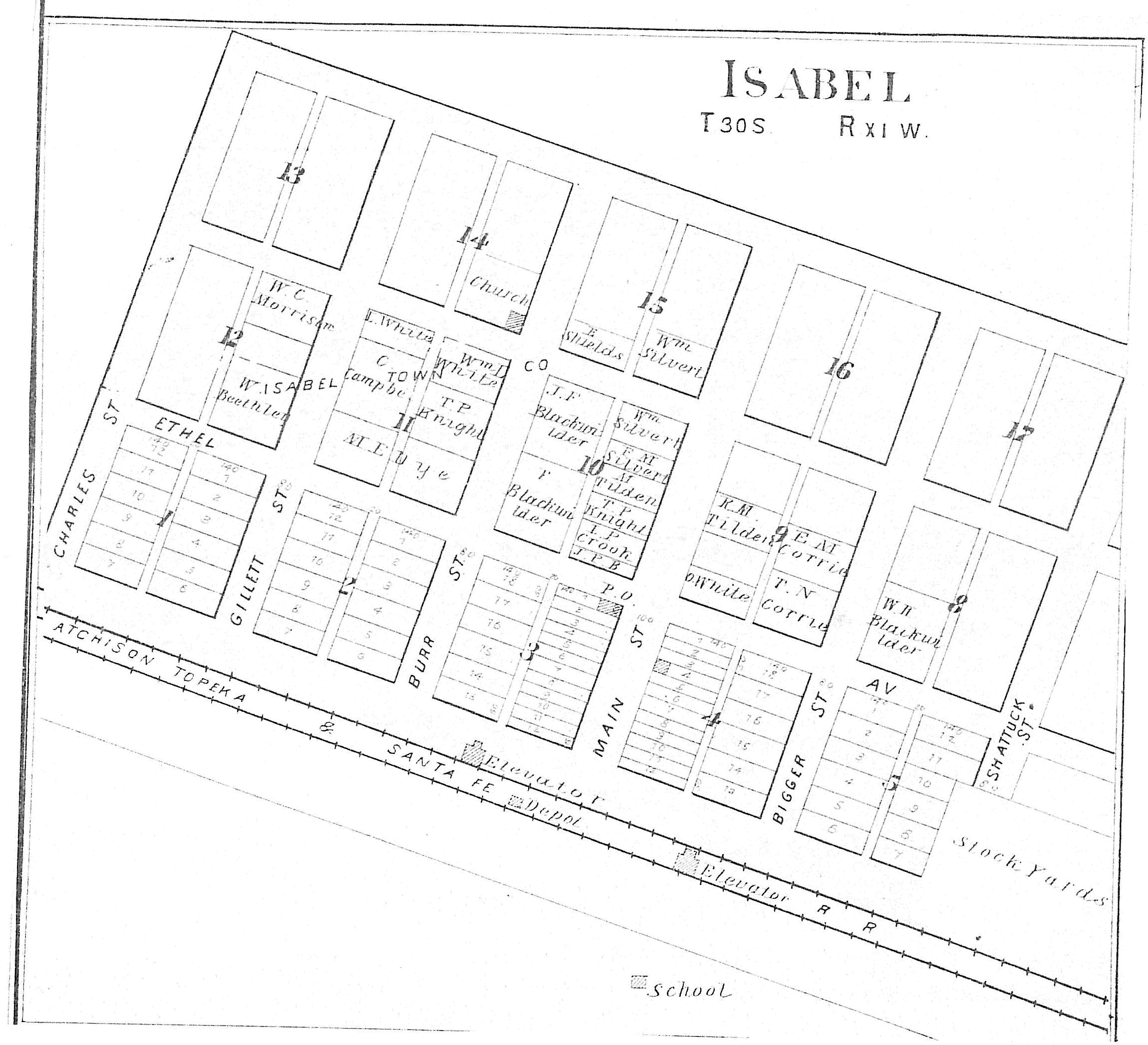 Plot Map of Isabel, Barber County, Kansas. 

From the 'Standard Atlas of Barber County Kansas', 1905.

Map courtesy of Kimberly (Hoagland) Fowles.