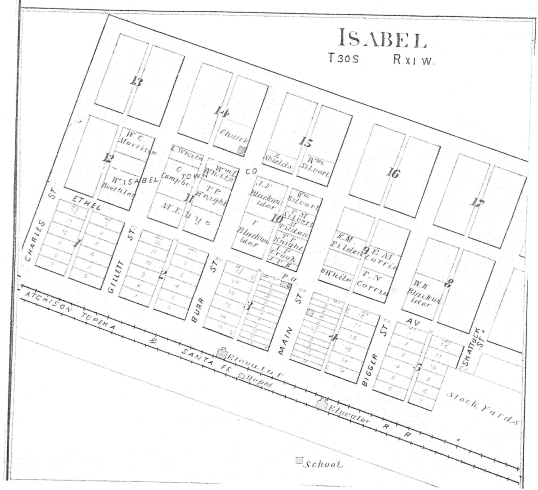 Plot Map of Isabel, Barber County, Kansas. 

From the 'Standard Atlas of Barber County Kansas', 1905.

Map courtesy of Kimberly (Hoagland) Fowles.