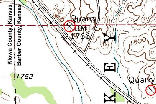 Detail of USGS topographical map showing the location of two gypsum quarries near the former site of Kling, Barber County, Kansas.