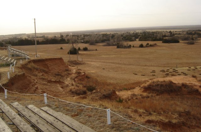 Medicine Lodge Peace Treaty Amphitheater near Medicine Lodge, Barber County,  Kansas.

View looking straight south from top of bleachers.

Photo by Nathan Lee, 15 December 2006.
