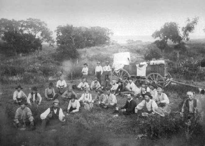 Roundup in Barber County, Kansas, 1894.

This photo was taken by F.M. Steele at Cottonwood Springs, about 7 miles southwest of Sun City, Barber County, Kansas.

Left to right, front row:  Harry Clements, Joe Gant, Roe Cole, George Abell, Bert Young, Walt Sears, Joe Burson, Jim Talliaferro, Jim Elsea.

Second row:  Charlie Kinkaid, round-up foreman; Jack Larkin, George Meadors, Arthur Shaw, Green Adams, Ed Teagle, Pearl Bunton, Jake Warrenstaff, Ed Hoagland, Tom Pepperd, Aub Donovan, Jack Ballanger, Bob Doles, Homer Hoagland. 

Back row:  Cook Denver Boggs, Frank Abell and Doc Williams. This photo was published in the Kansas Stockman in 1942 and 1949.

Photo courtesy of Mary Lou (Elsea) Hinz.