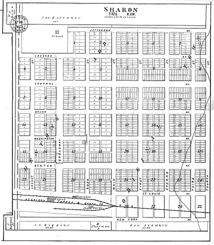 Plot Map of Sharon, Barber County, Kansas. 

From the 'Standard Atlas of Barber County Kansas', 1905.

Map courtesy of Kimberly (Hoagland) Fowles.