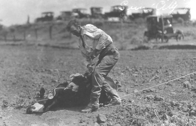 Calf Roping, McLain Roundup, Sun City, Barber County, Kansas.   Photo by Homer Venters, courtesy of his great-nephew, Mike Venters. 