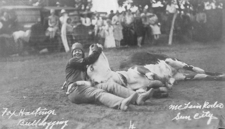 Fox Hastings, first woman bulldogger in professional rodeo, at McLain Roundup, Sun City, Barber County, Kansas.   Photo by Homer Venters, courtesy of his great-nephew, Mike Venters. 