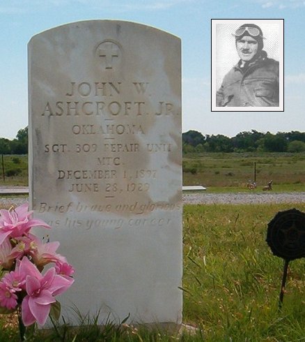 Gravestone for John W. Ashcraft, Jr., 
Protection Cemetery, Comanche County, Kansas. 
Photo by Bobbi (Hackney) Huck.

Inset photo: John W. Ashcraft, Jr., courtesy of his great niece, Cindy Weigand.