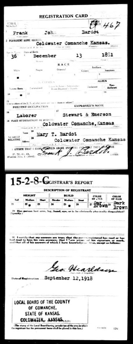 WWI Draft Registration card for Frank John Bardot of Coldwater, Comanche County, Kansas.