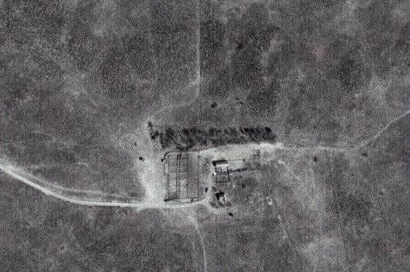 Detail of a USGS aerial photo showing the headquarters of the Box Ranch, Comanche County, Kansas, on 1 April 1996.