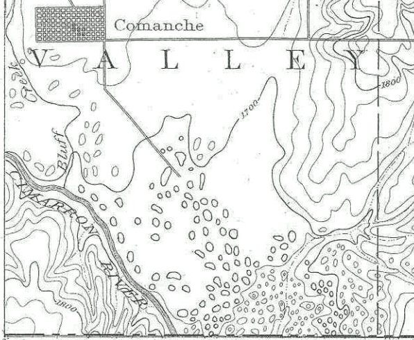 Detail of an 1892 USGS topo. map showing a portion of the Box Ranch, Comanche County, Kansas.