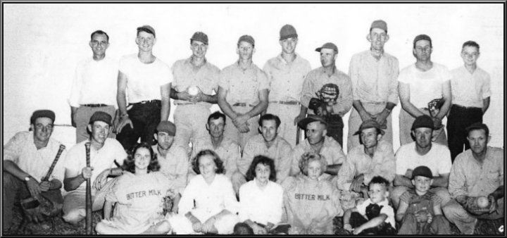 The Buttermilk, Kansas, Softball Team, circa 1950. 

Back row, left to right: Ralph Oller, Donnie Huck, Delmar Huck, Paul Guizlo, ___?, Manuel Huck, Harry Lohrding, Jim Haas and ___?.  

2nd row: Norman Huck, Fred Lohrding, Merle Richardson, Ostwalt Huck, Jr. Oller, Cecil Wilson, Clifford Blount, Vernon Huck, Ernest Oller. 

Front row: Carol Oller, Erma Wilson, Sharon Oller, Luane Lee Huck, Ronnie Lohrding and Larry Huck.  Photograph from the collection of Delmar Huck.