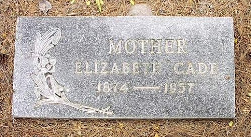 Gravestone for Elizabeth Cade, Memory Lane Cemetery, Anadarko, Caddo County, Oklahoma.

Photo courtesy of Mel Owings, Caddo County Genealogical Society lookup volunteer.