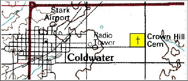 Detail from a July 1, 1980 USGS topographical map of Comanche County, Ks, showing the location of the Crown Hill Cemetery east of Coldwater, Kansas.