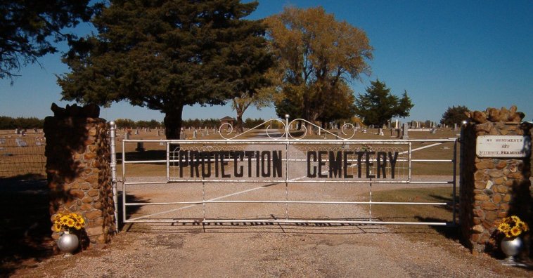 Entrance to the Protection Cemetery, Protection, Comanche County, Kansas.  Photo by Bobbi (Hackney) Huck.