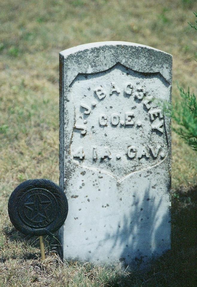 Gravestone of Rev. J.J. Bagsley, Civil War Veteran, Crown Hill Cemetery near Coldwater, Comanche County, Kansas.  Photograph by Bobbi (Hackney) Huck.