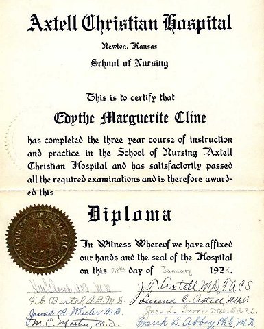 Edythe Marguerite Cline's nursing diploma, Axtell Christian Hospital School of Nursing, Newton, Kansas. She graduated January 28, 1928.

Image courtesy of Martin Sizemore.