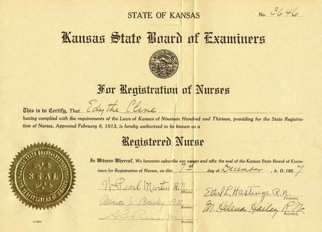 Edythe Cline's Certificate of Nurse's Registration.

Image courtesy of Martin Sizemore.