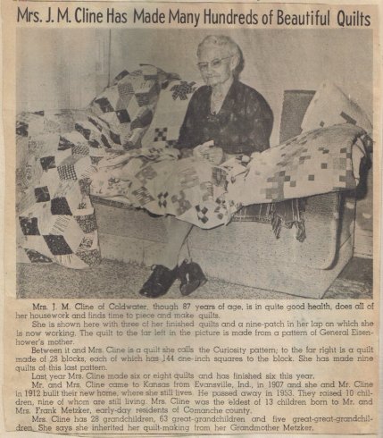 'Mrs. J.M. Cline Has Made Many Hundreds of Beautiful Quilts.'

News clipping dated 31 Dec 1964 courtesy of Rhonda (Cline) Nickel.