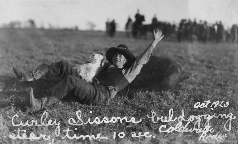 Curley Sissons, bulldogging steer, time: 10 sec., Coldwater Rodeo, Oct. 1923, Comanche County, Kansas.

Photo by Homer Venters, courtesy of Mike Venters.