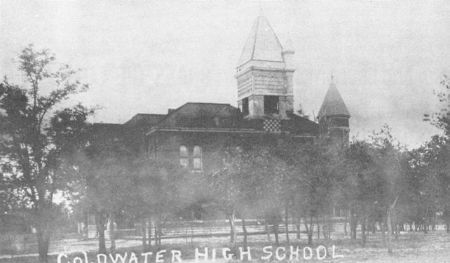 Coldwater's 1st High School Building, built in 1889. Comanche County, Kansas. Photo from the Diamond Jubilee Historical Souvenir Program. Coldwater, KS: Western Star, 1959.