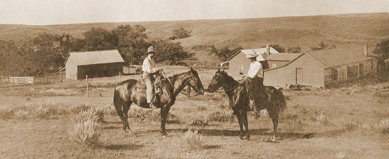 At left: Billy Brown (at left) and Roy Platt, on their horses at Evansville, Kansas. At the time this picture was taken this property was owned by Mortimor R. Platt. Photo courtesy of Phyllis Scherich.