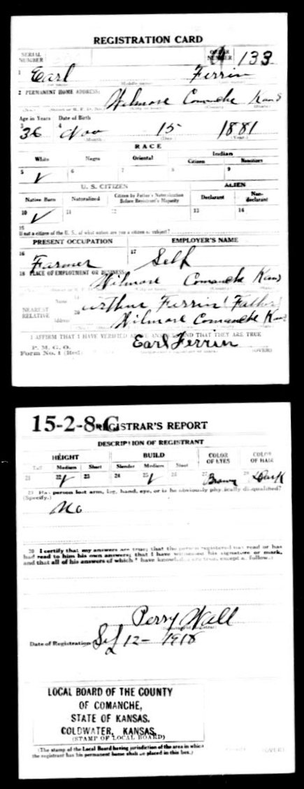 WWI Draft Registration card for Earl Ferrin of Wilmore, Comanche County, Kansas.