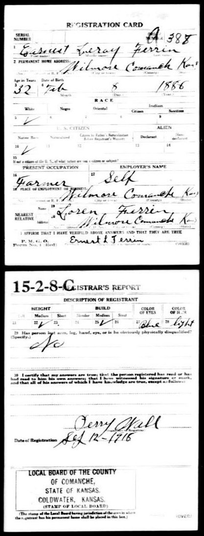 WWI Draft Registration card for Ernest Leroy Ferrin of Wilmore, Comanche County, Kansas.