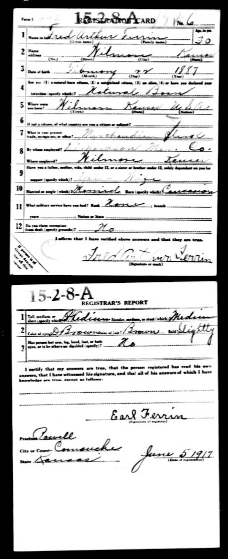 WWI Draft Registration card for Fred Arthur Ferrin of Wilmore, Comanche County, Kansas.