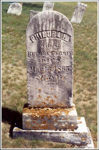 Gravestone for Philura H. Murch, wife of Reuben Ferrin, Died March __(?) 1865,  North Jay Cemetery, North Jay, Essex County, New York. She was the mother of Loren & Arthur Ferrin of Comanche County, Kansas. Photo by Gerald Desko.