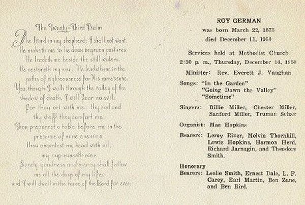 Funeral folder for Roy German, Comanche County, Kansas. Courtesy of Buddy M. Bardot.