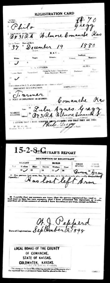 WWI Draft Registration card for Philo Gregg of Comanche County, Kansas.