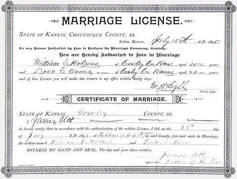 Marriage license: W.E. Holmes and Dora E. Owens.

Document courtesy of Kim Fowles.