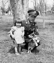 Alfred Leo Hughes - Oldest son of Haden Henry and Bessie Melvina (Hale) Hughes, Protection, Kansas. Alfred served his country in Okinawa during World War II. Uncle Alfred was a mechanic and he helped keep the tanks running. Alfred was the father of two daughters, Mitzi and Judy. This picture was taken with his little niece before he was shipped over seas. Alfred was my Mother's oldest brother. Photo courtesy of Gayle (Petty) Harden.