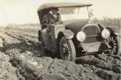 John A. Lyon's car, stuck in the mud on the 1925 trip to Comanche County, Ks.  Photo courtesy of Connie Chancellor.