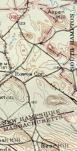 1935 USGS map of the town boundary between Newton and South Hampton, New Hampshire.