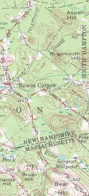 1956 USGS map of the town boundary between Newton and South Hampton, New Hampshire.